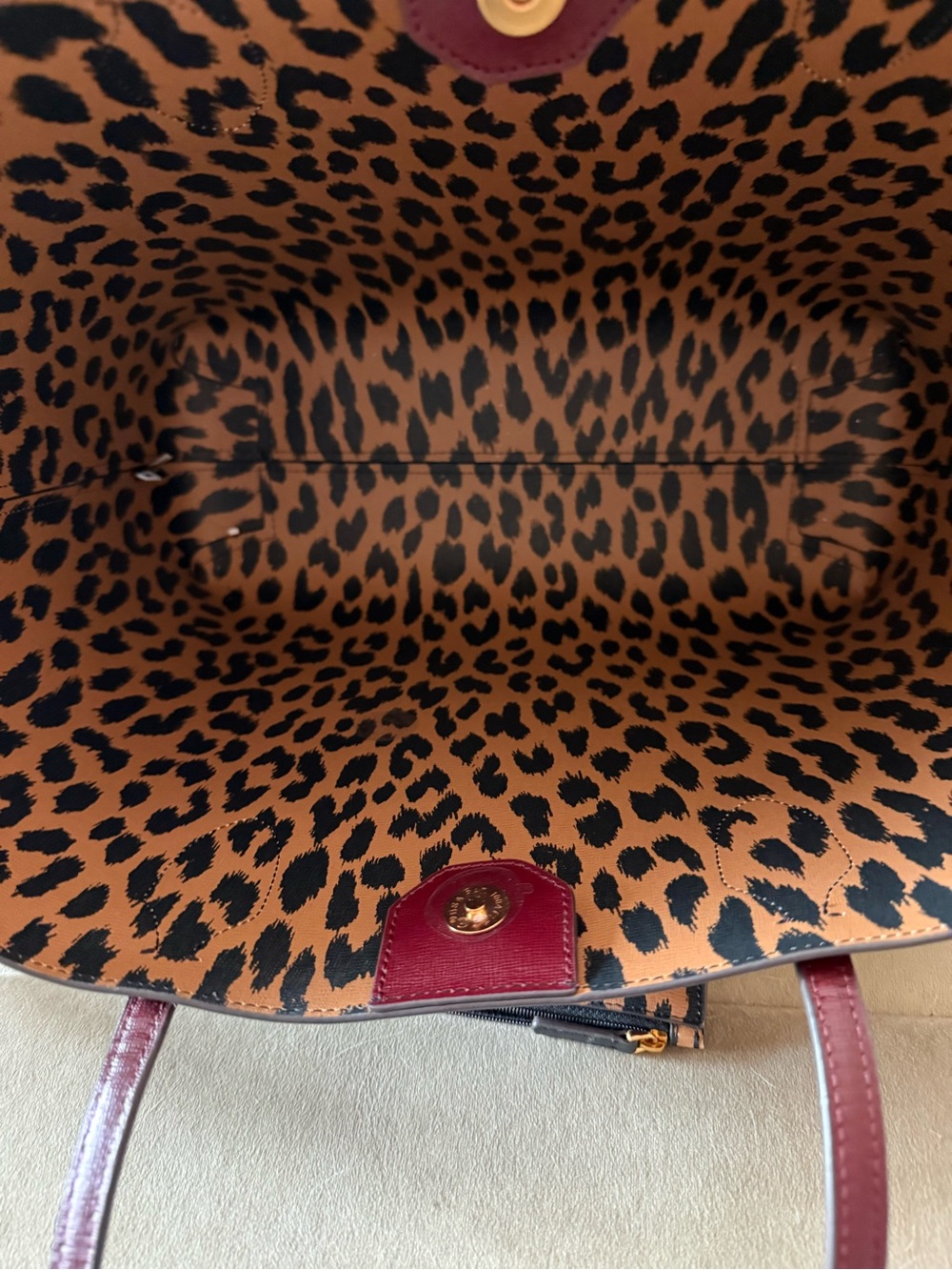kate spade Burgundy Leather Tote with Leopard Print Wristlet - Picture 4 of 15